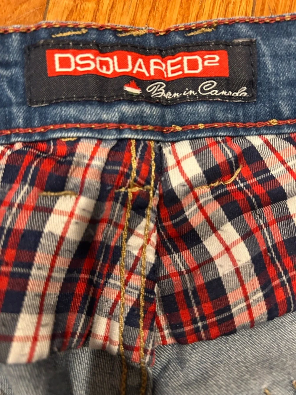 DSquared2 Men's Blue Distressed Slim Fit Denim Jeans Size 34 Plaid Pocket Lining